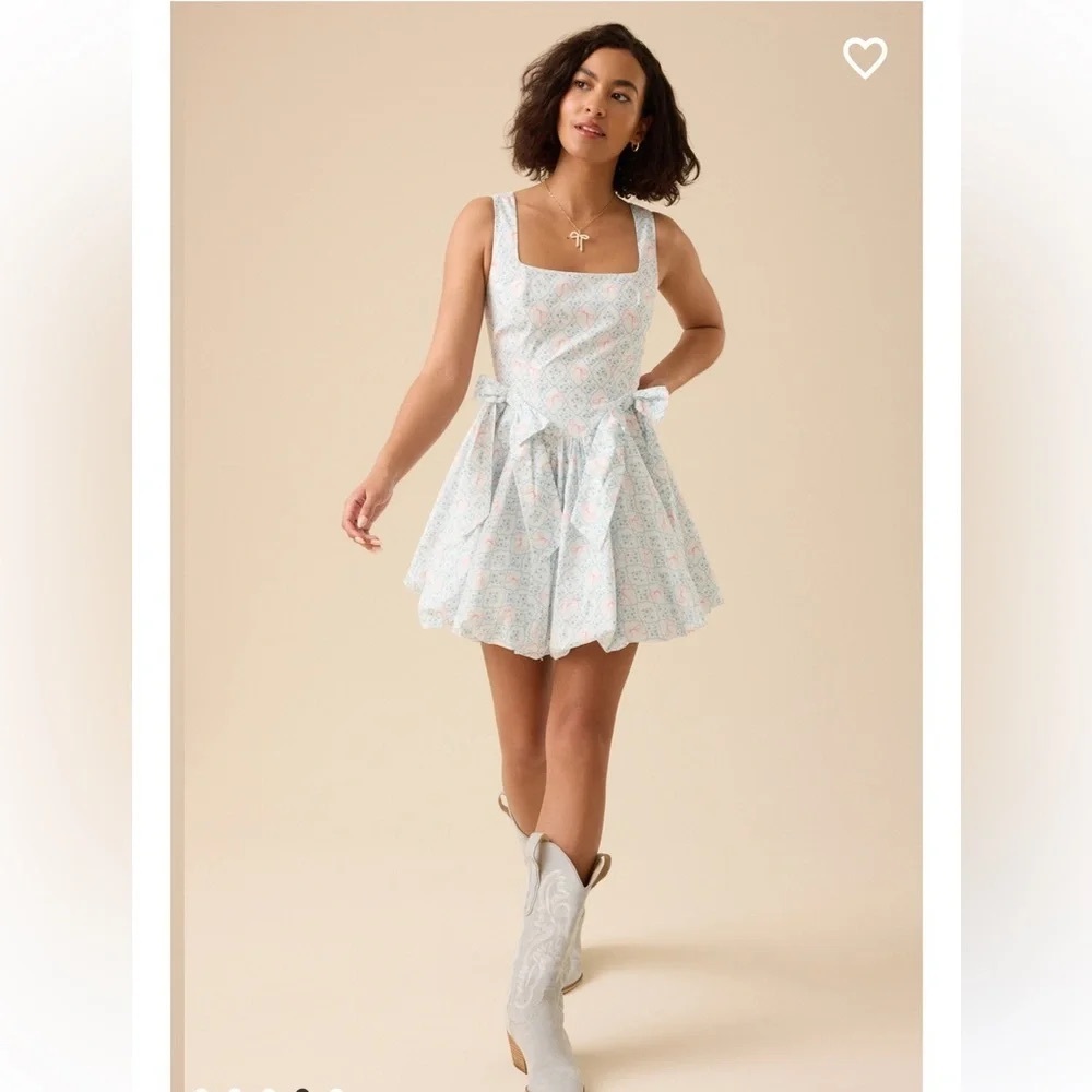 Light Floral Square-Neck Mini Dress in Pastel Blue and Pink